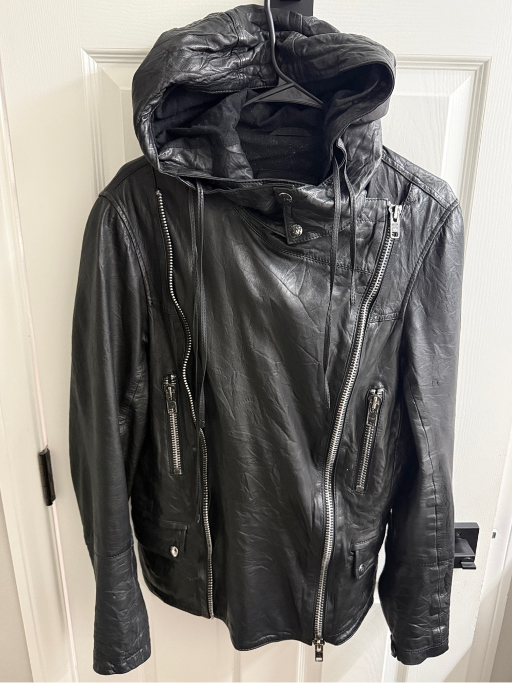 All Saints Black Hooded Leather Bomber Jacket
